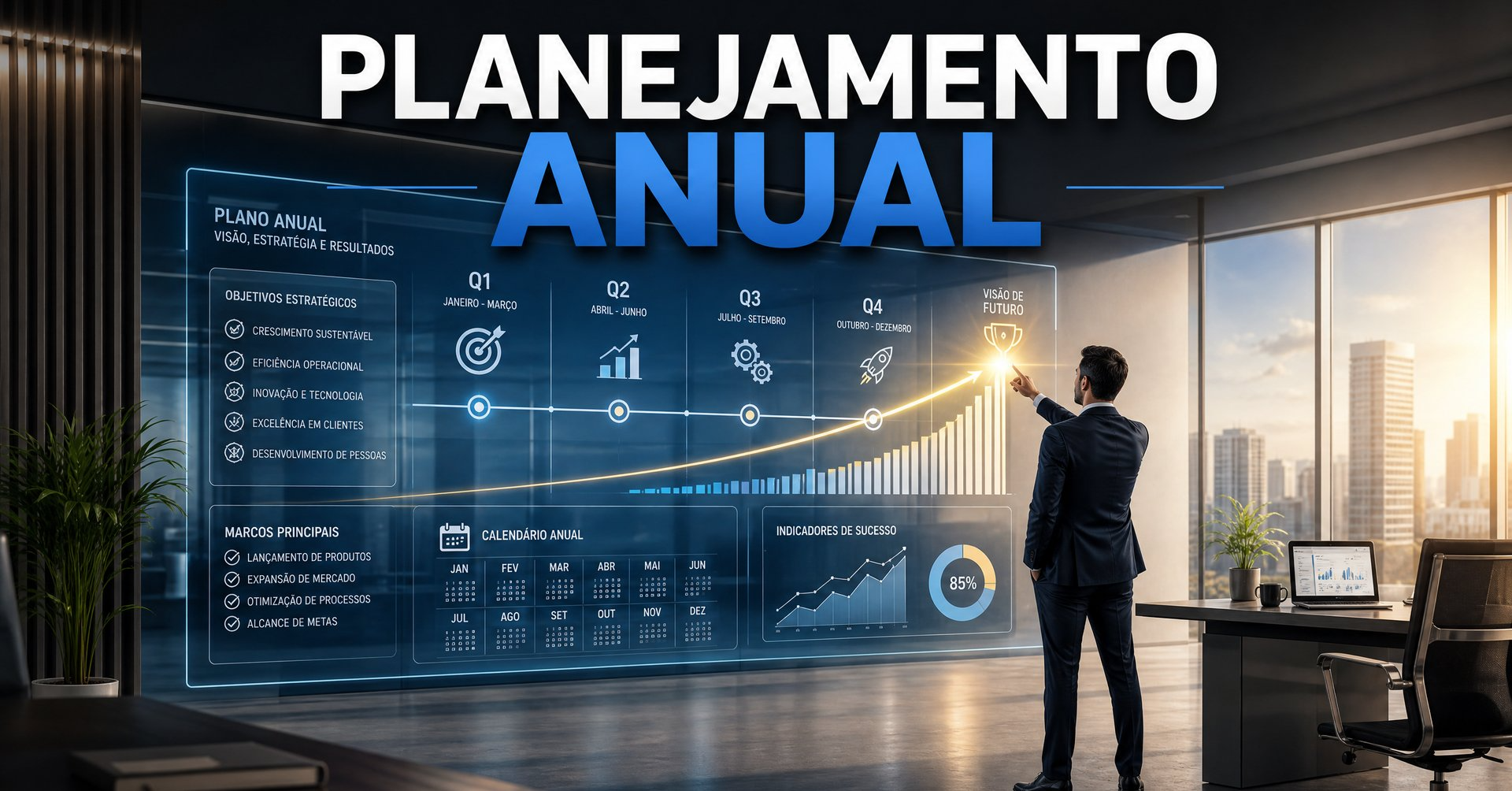 Executivo apontando para painel de planejamento anual com metas trimestrais